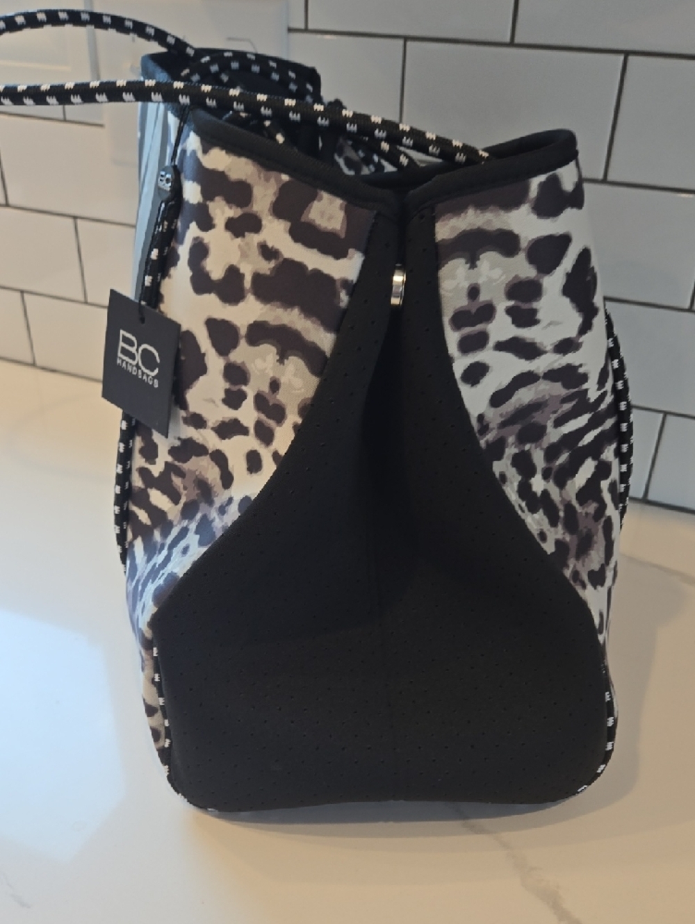NWT - Neoprene Leopard Tote with Metallic Stripe - Black & White - Picture 7 of 7